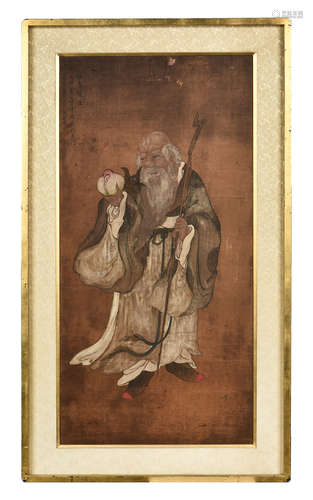 SHANGGUAN ZHOU: FRAMED INK AND COLOR ON SILK PAINTING 'SHOULAO'