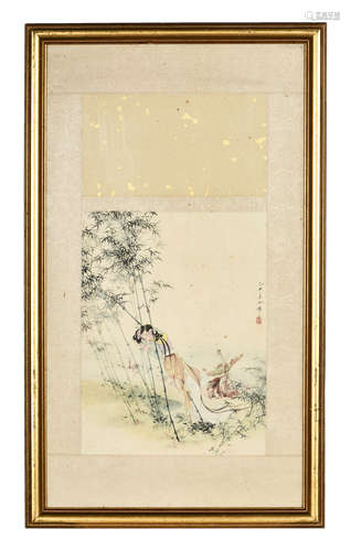 HU YEFO: FRAMED INK AND COLOR ON PAPER PAINTING 'LADY'