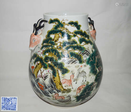 A FAMILLE-ROSE DEER DESIGN VASE WITH QIANLONG MARK