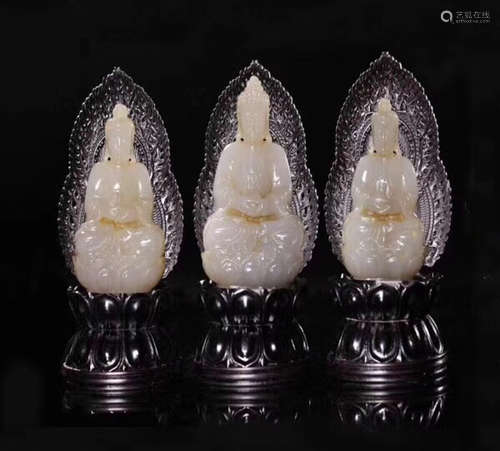 THREE HETIAN JADE SITTING BUDDHAS