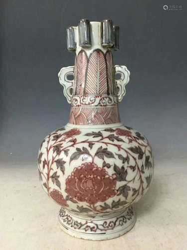 RED UNDERGLAZED FLOWER SUBJECT VASE