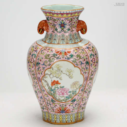 CHINESE FAMILLE ROSE TWIN EAR PORCELAIN VASE