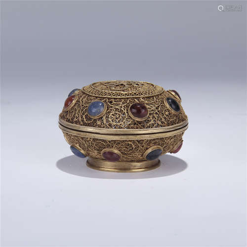 CHINESE GEM STONE INLAID GILT SILVER BOX