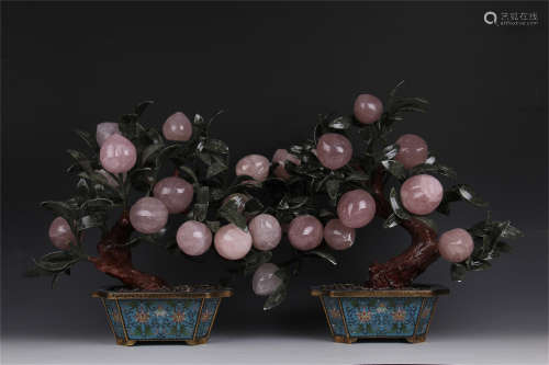 PAIR OF CHINESE JADE PEACH IN CLOISONNE PLANTERS