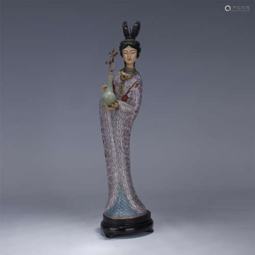 CHINESE ENAMEL STANDING BEAUTY WITH VASE