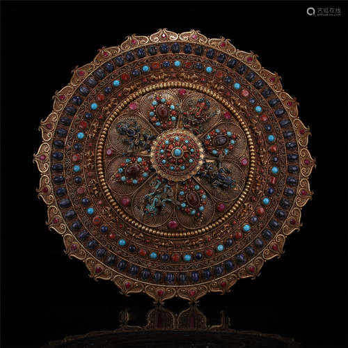 TIBETAN CORAL LAPIS GILT BRONZE BUDDHIST MANDALA