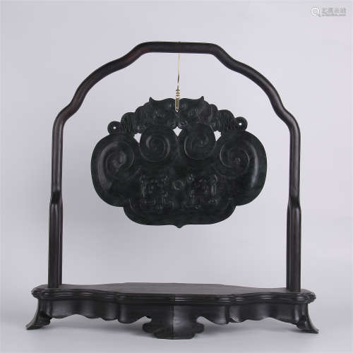 CHINESE INK JADE CRAVED PLAQUE WITH ROSEWOOD FRAME