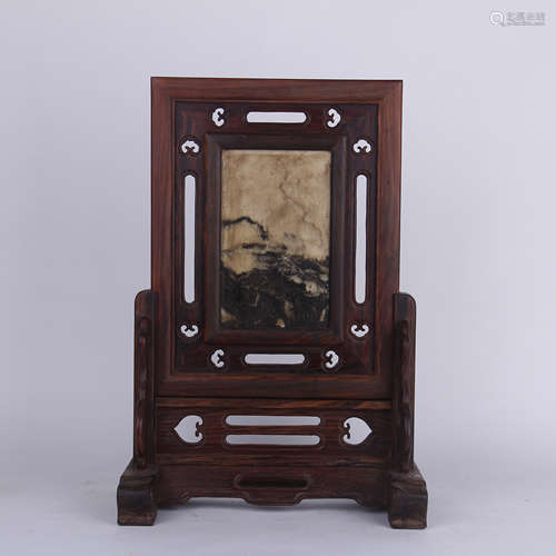 CHINESE MARBLE STONE PLAQUE INLAID ROSEWOOD TABLE SCREEN