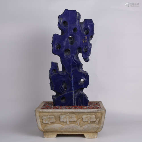 CHINESE LAPIS SCHOLAR'S ROCK IN MARBLE STONE PLANTER