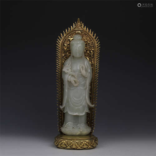 CHINESE CELADON JADE STANDING GUANYIN WITH GILT BRONZE STAND AND NICHE