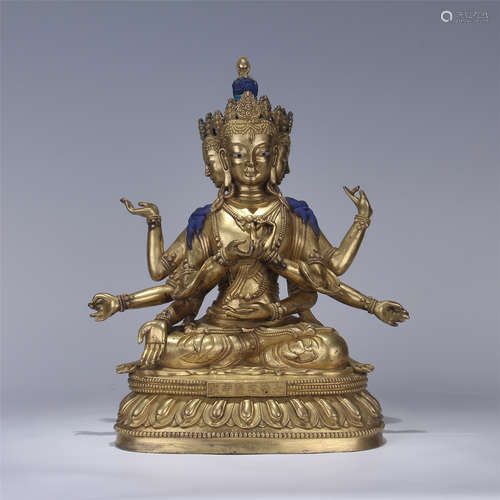 CHINESE GILT BRONZE SEATED THREE FACE BUDDHA