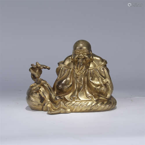 CHINESE GILT BRONZE BUDDHA WITH FORTUNE BAG