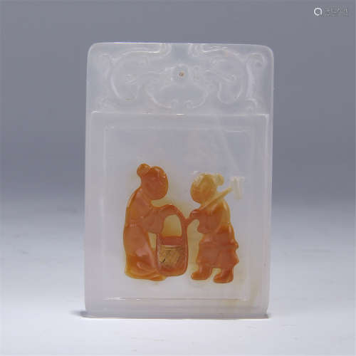 CHINESE AGATE FIGURE SQUARE PLAQUE