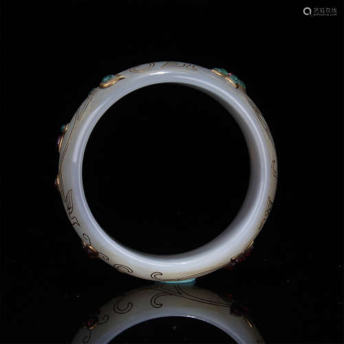 CHINESE GEM STONE GOLD THEAD INLAID AGATE BANGLE