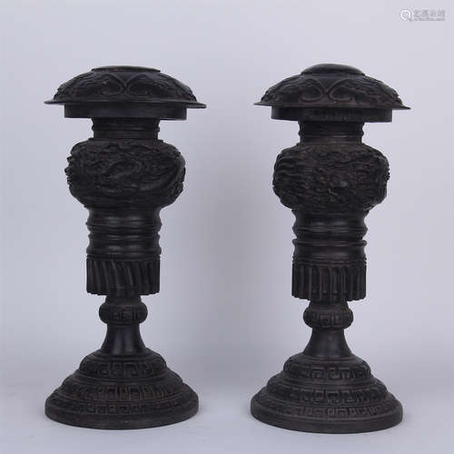 PAIR OF CHINESE ZITAN CANDLE HOLDERS