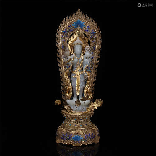 CHINESE GILT BRONZE ENAMEL JADE STANDING GUANYIN