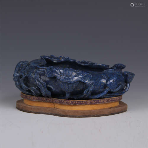 CHINESE LAPIS CARVED LOTUS BRUSH WASHER