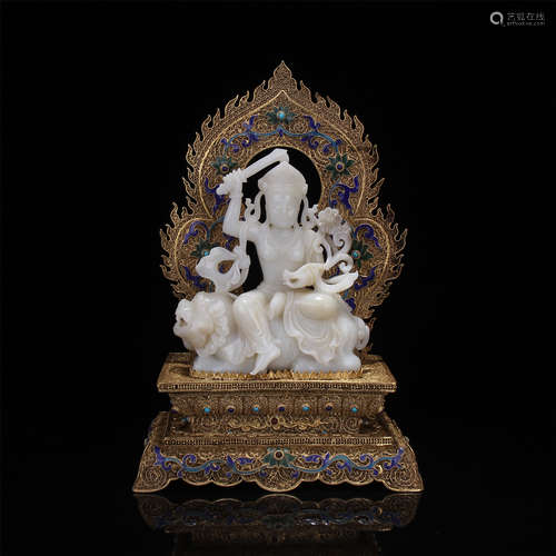 CHINESE GILT BRONZE ENAMEL JADE BUDDHA ON LION