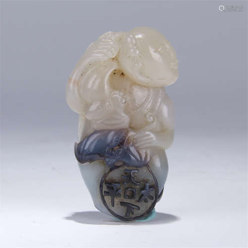CHINESE AGATE BOY WITH COIN AND BAT