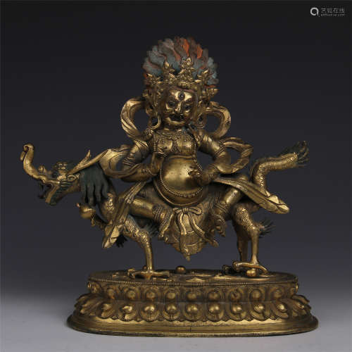 CHINESE GILT BRONZE BUDDHA ON BACK OF DRAGON