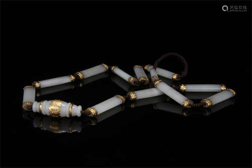 CHINESE GOLD INLAID WHITE JADE NECKLACE