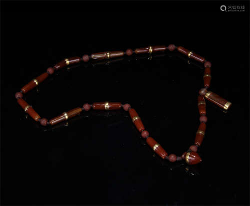 CHINESE GOLD INLAID RED AGATE NECKLACE