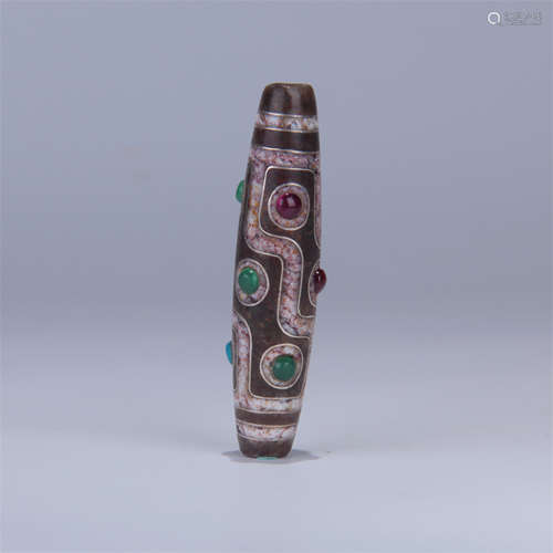 TIBETAN GEM STONE INLAID DZI BEAD