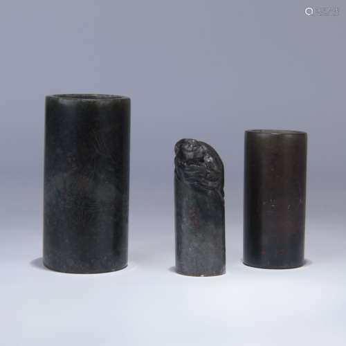 A SET OF THREE CHINESE SOAPSTONE CYLINDERIAL SEALS