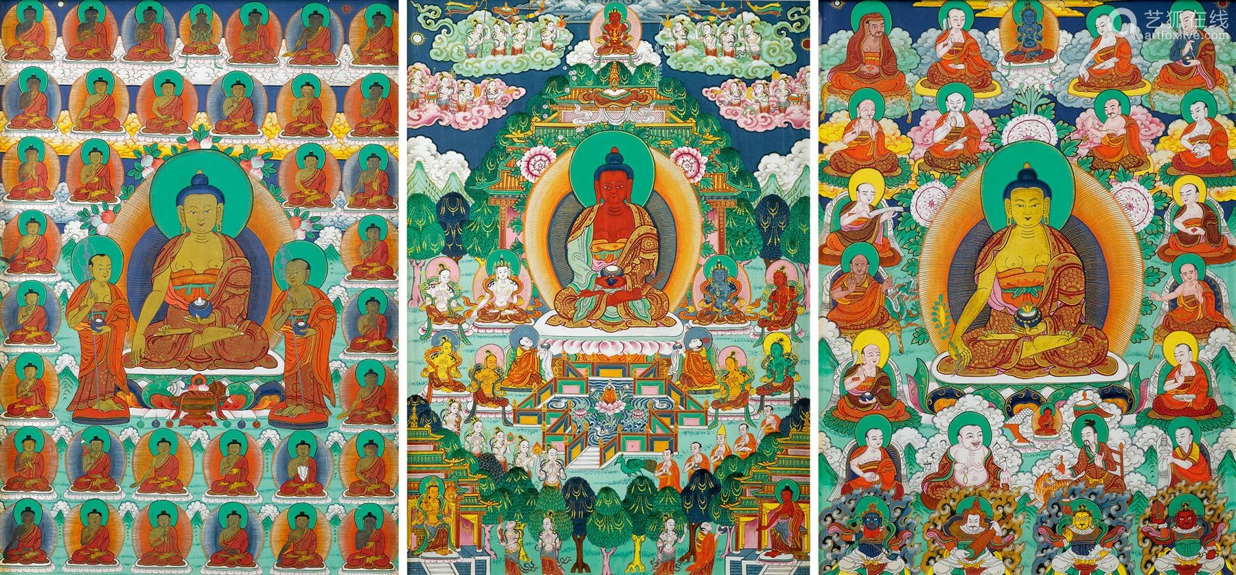 西藏或蒙古19世纪棉布矿物颜料释迦牟尼佛 药师佛 阿弥陀佛西方极乐世界图唐卡 各一张 Deal Price Picture 西藏或蒙古19世纪棉布矿物颜料释迦牟尼佛 药师佛 阿弥陀佛西方极乐世界图唐卡 各一张 Deal Price Picture