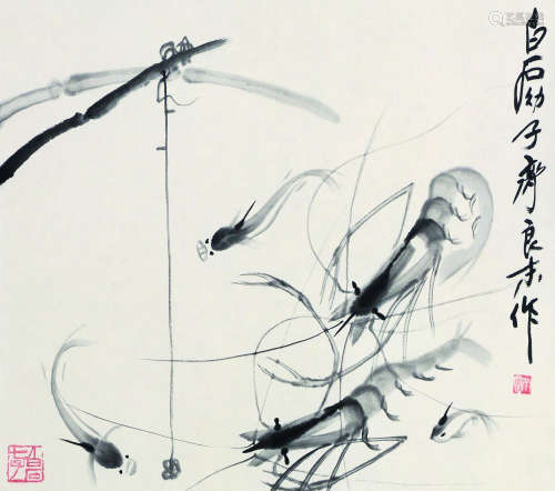 齐良末（b.1938） 鱼虾图 镜框 设色纸本