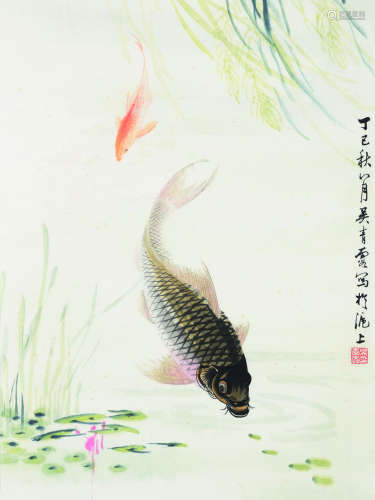 吴青霞（1910～2008） 丁巳（1977）年作 双鱼图 镜框 设色纸本