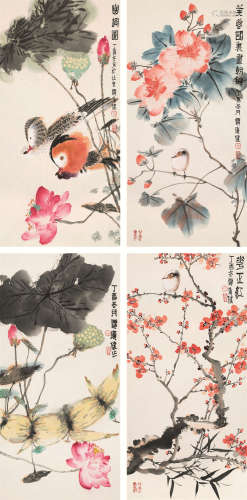 贾广健（b.1964） 花鸟四条屏 镜心 设色纸本