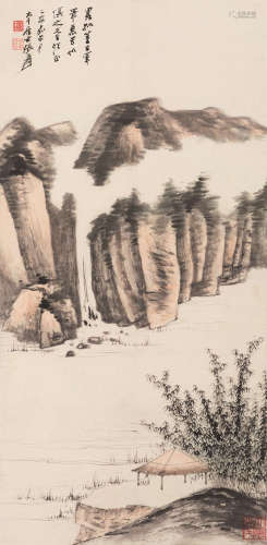 张大千（1899～1983） 山水人物 镜框 设色纸本