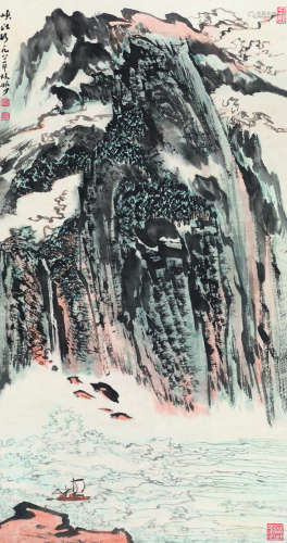 陆俨少（1909～1993） 1982年作 峡江行 立轴 设色纸本