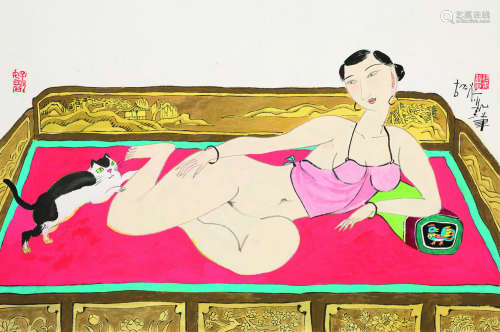 胡永凯（b.1945） 女人与猫 女人与猫 镜心 设色纸本