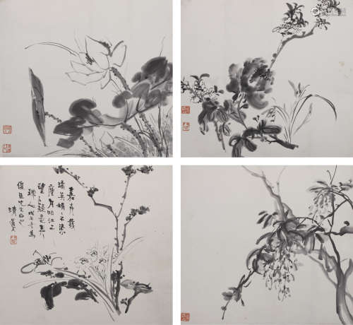 李瑞清（1867～1920） 花鸟册四开 册页 水墨纸本