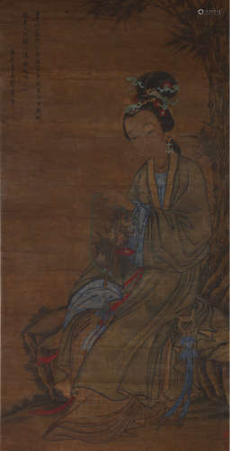 唐寅（1470～1523）（款） 玩扇图 立轴 设色绢本
