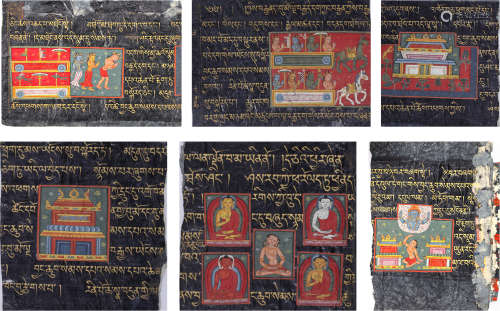14世纪 佛教经书及彩画 （一组四张） 纸本矿物胶彩