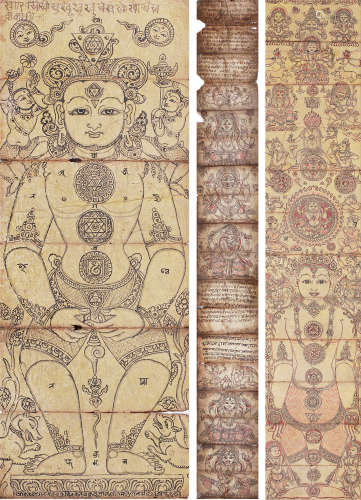 19世纪 印度教经书及彩画 （三张） 纸本矿物胶彩