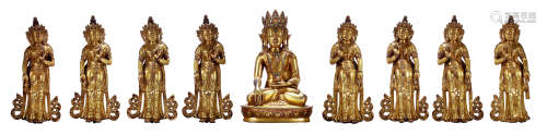 18世纪 释迦牟尼佛和八大菩萨像 铜镀金