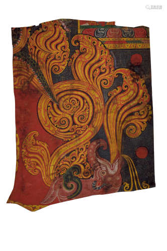 14世纪 摩羯缠枝莲纹唐卡局部 棉布矿物胶彩