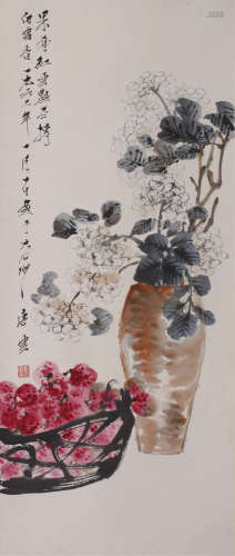 唐云（1910～1993 ） 白花红果图 立轴 设色纸本