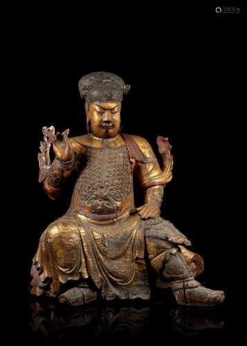 GRANDE SCULPTURE DE GUANDI EN BOIS LAQUÉ ROUGE ET OR, Chine, dynastie Qing, XVIIe-XVIIIe siècle