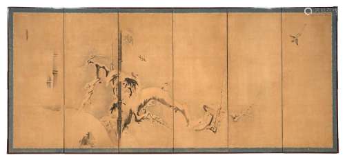 PARAVENT EN PAPIER À SIX FEUILLES, Japon, époque Edo, XIXe siècle