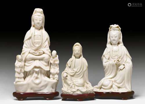 THREE BLANC DE CHINE FIGURES OF GUANYIN.