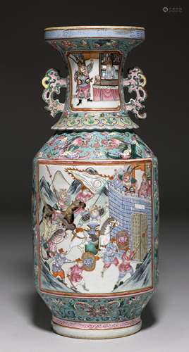 A FAMILLE ROSE VASE WITH CARTOUCHES SHOWING COURTLY SCENES AND DRAGONS AMONG CLOUDS.