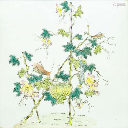 A FAMILLE ROSE PORCELAIN PANEL PAINTED WITH CRICKETS PERCHED ON SQUASH PLANTS.