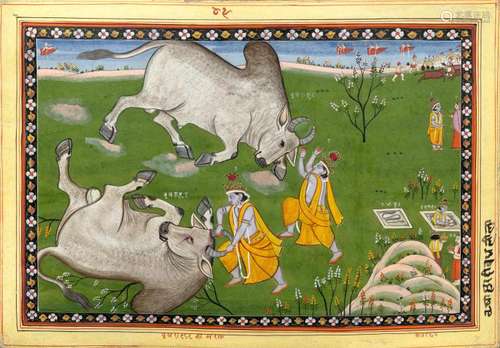 A MINIATURE PAINTING OF KRISHNA SUBDUING THE BUFFALO DAEMON.