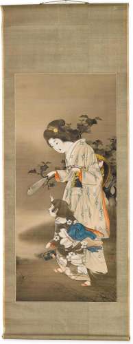 A KAKEMONO OF A LADY WITH A CHILD CHASING FIREFLIES.