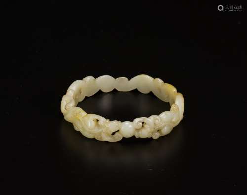 Qing-A White Jade Carved Double Dragon Chase Pearl Arm Bangle